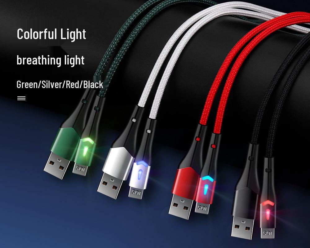 Семицветный силиконовый USB-кабель со светодиодной подсветкой для Apple, Android и Type-C с функцией быстрой зарядки