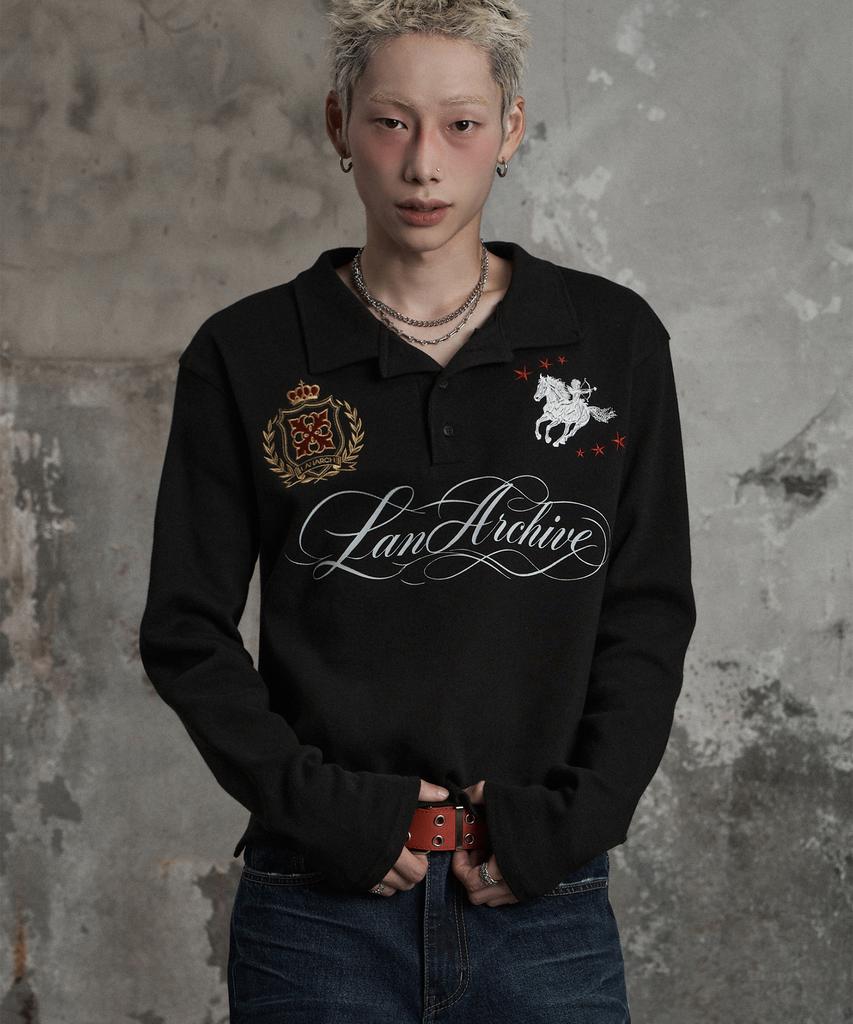 LANARCHIVE [0169] Wild Horse Pique Long Sleeve T-Shirt - Black