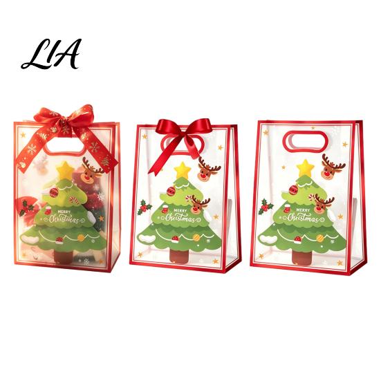 Reusable Present Holders Christmas Gift Bags with Handles, Clear PP Treat for Party Favors Candy Apples Cookies, Holiday Favor Packaging Ribbon Bow