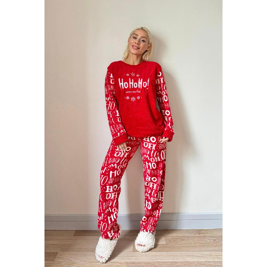 Красный женский плюшевый пижамный комплект с рисунком Hoho