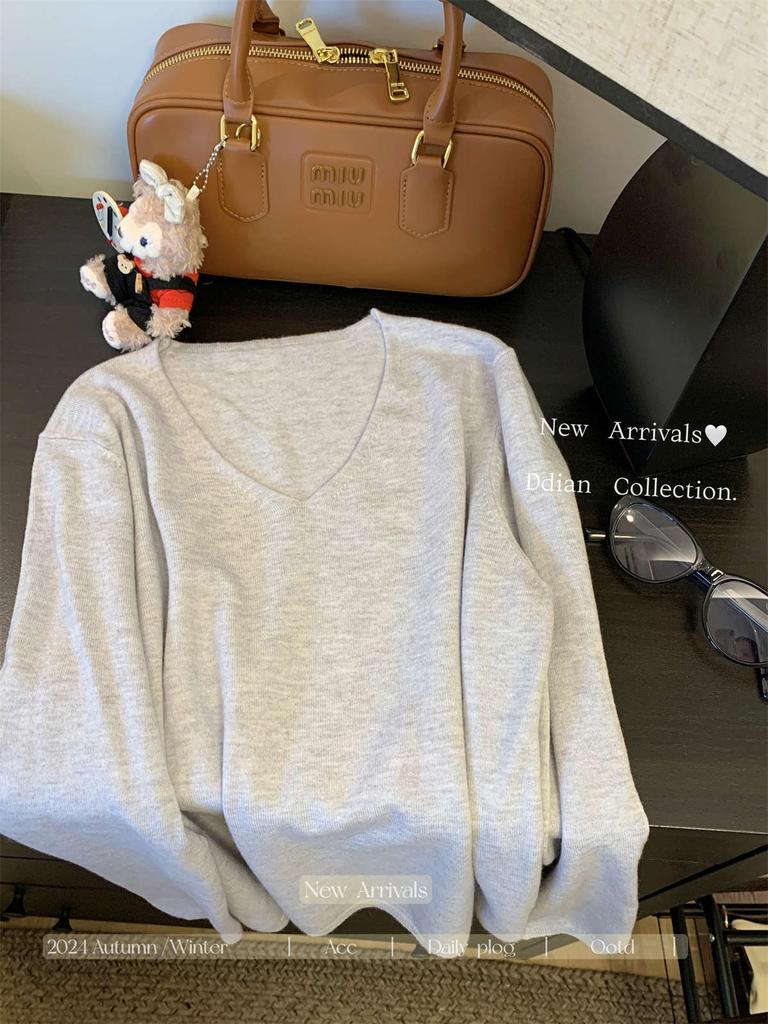 Повседневный темпераментный воротник свободный трикотажный свитер с длинным рукавом женский осенний новый тонкий легкий профессиональный стиль внутренний топ