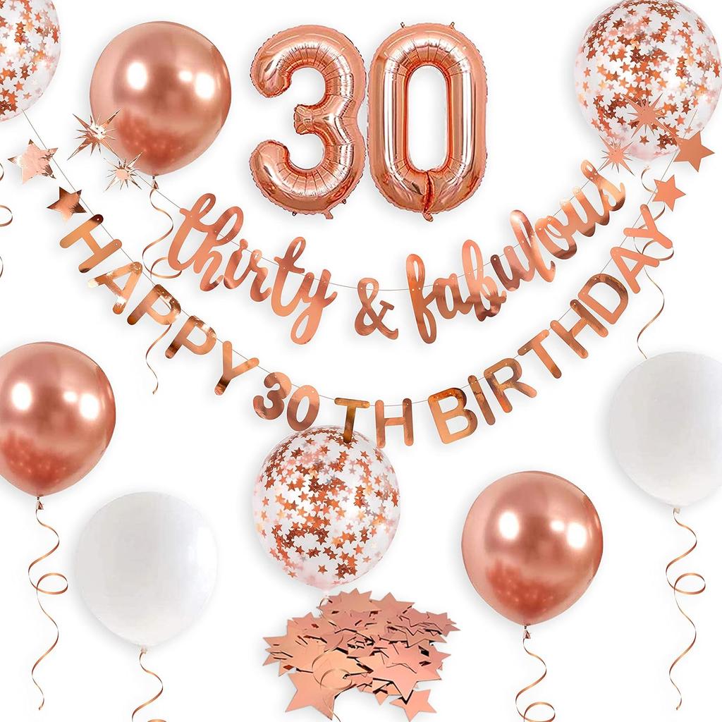 Rose Gold Thirty & Fabulous Happy 30th Birthday Banner Garland Foil Balloon 30 for Womens 30th Birthday Decorations Hanging 30 and Fabulous Cheers to