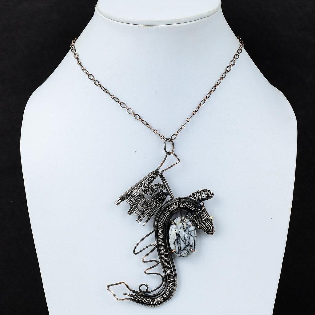 Подвеска из яшмы Pinolith, подвеска из медной проволоки, обернутая вручную, ювелирное украшение в виде дракона, потрясающий кулон из драгоценного камня, подарок для нее, ювелирное украшение из медной проволоки