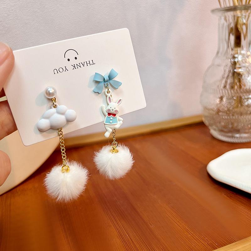 Асимметричные серьги-облака с кроликом и бабочкой - Милый японский и корейский стиль