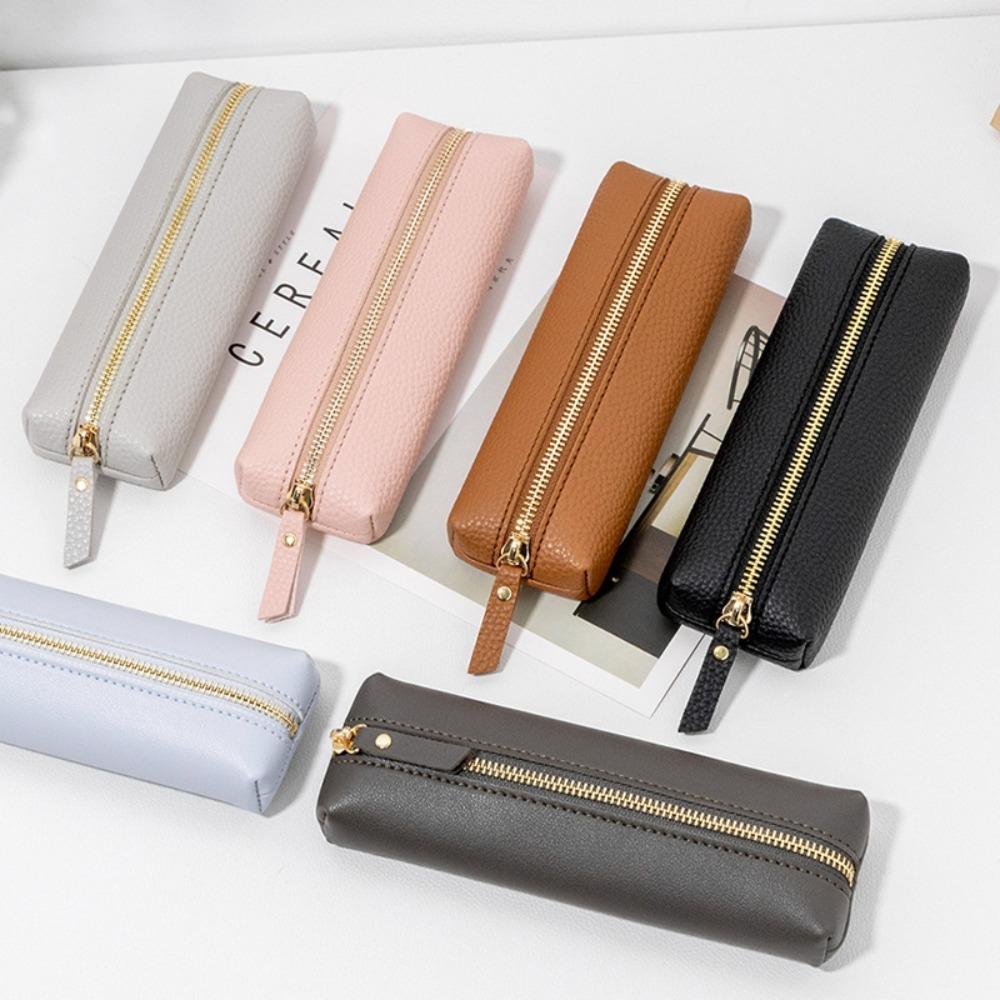 Lychee Grain Pen Case Zipper Pen Box Simple Pen Bag School Office