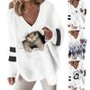 Осенний топ с V-образным вырезом, свободный пуловер в полоску с кошачьим сердцем и длинными рукавами, нерегулярный