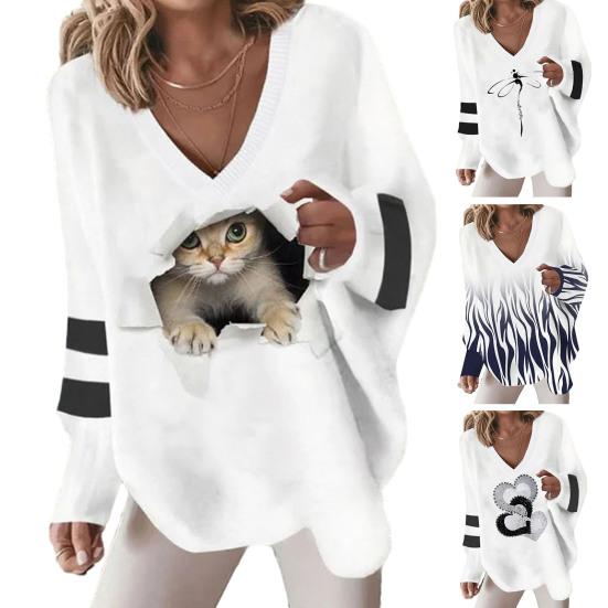Осенний топ с V-образным вырезом, свободный пуловер в полоску с кошачьим сердцем и длинными рукавами, нерегулярный