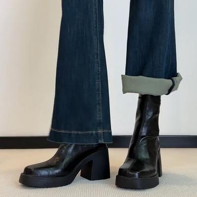 Версия из мягкой кожи~ бархатные ботильоны на толстой подошве женские на маленьком высоком каблуке толстый каблук ботинки Мартин французский квадратный носок тонкие ботинки
