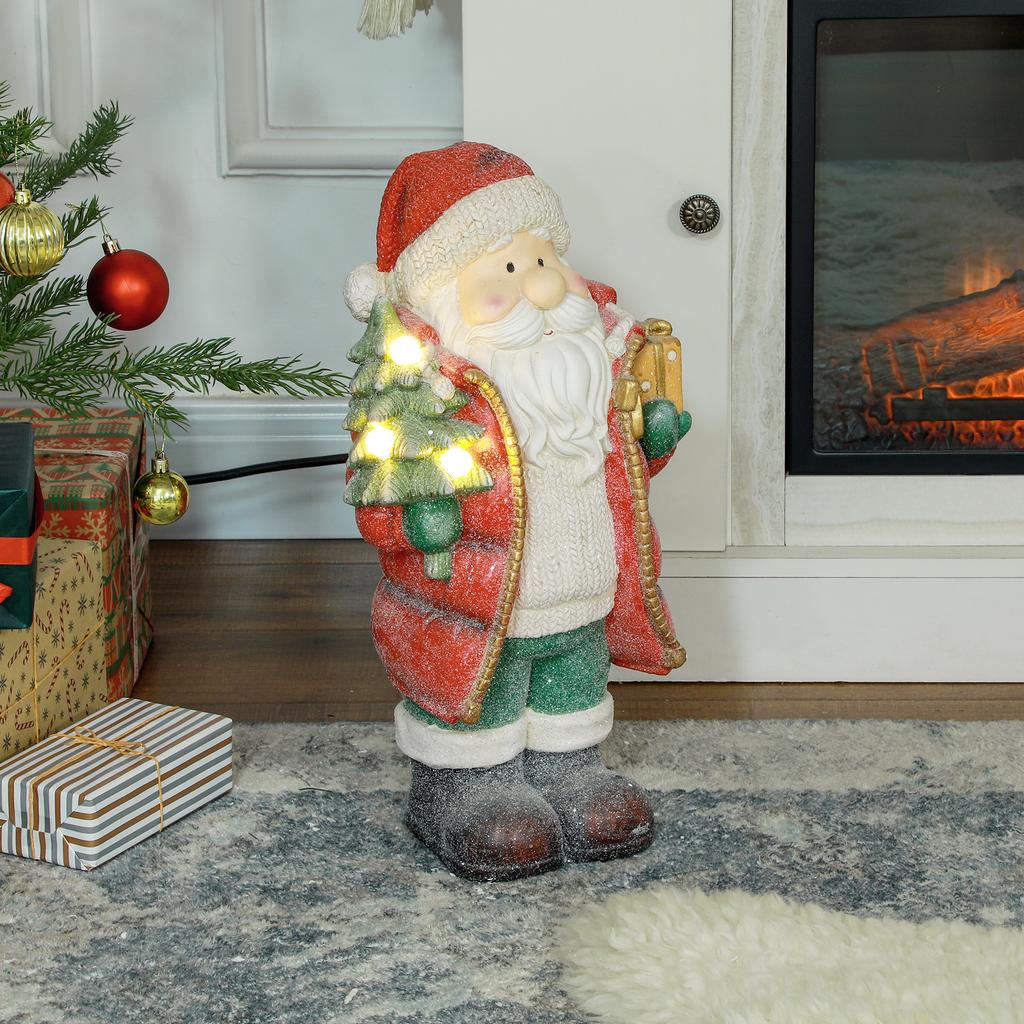 Santa Claus figure with tree and gift, 3 warm white LEDs, battery-operated, 50 cm
