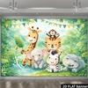 2D Flat Banner, Cartoon Jungle Party Backdrop, Giraffes, Monkeys, Tigers, Elephants, Lush Jungle, Babbling Stream, Butterflies