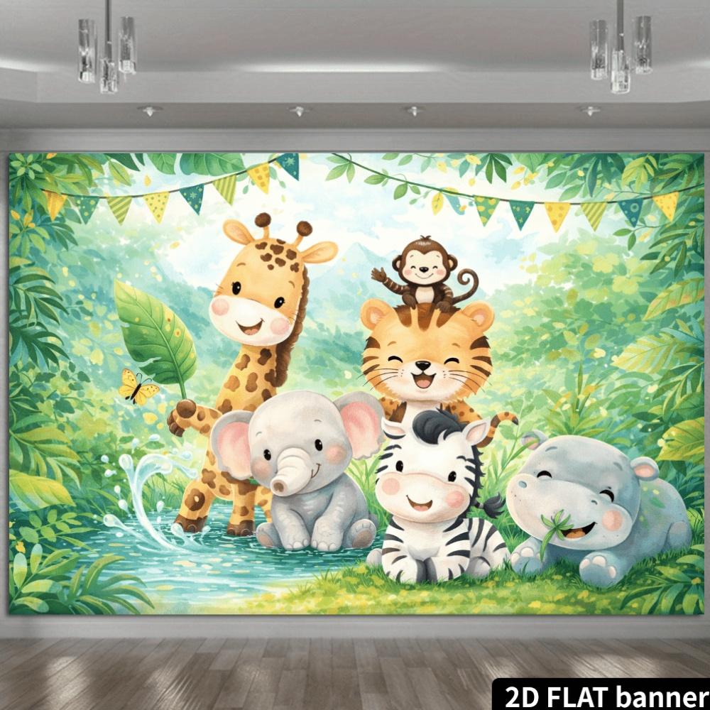 2D Flat Banner, Cartoon Jungle Party Backdrop, Giraffes, Monkeys, Tigers, Elephants, Lush Jungle, Babbling Stream, Butterflies