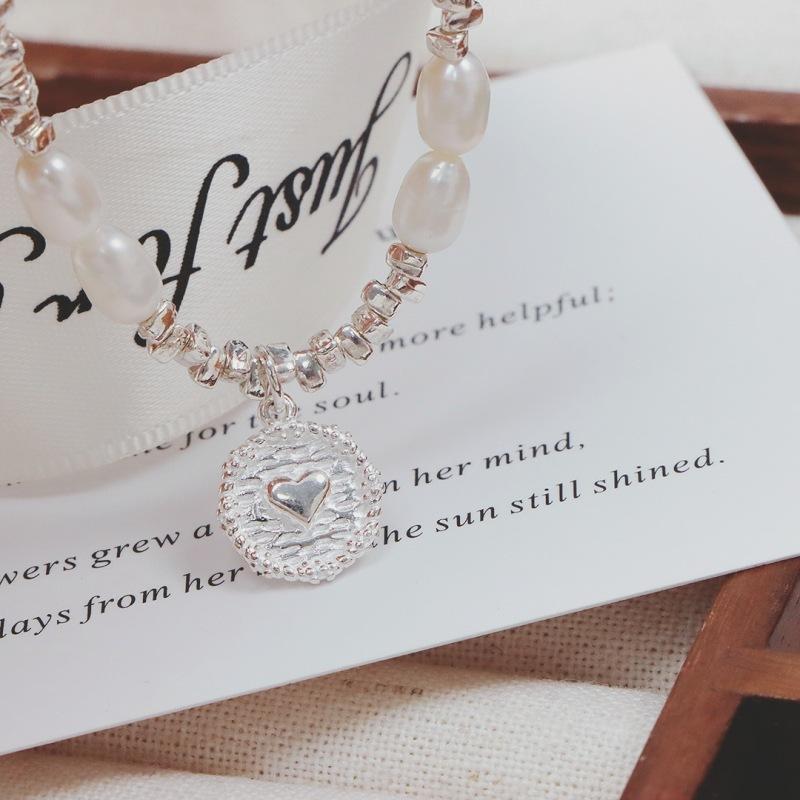Heart Round Plate Pearl Bracelet Irregular Crushed Silver 925 Sterling Silver Bracelet for Women Summer Ins Style