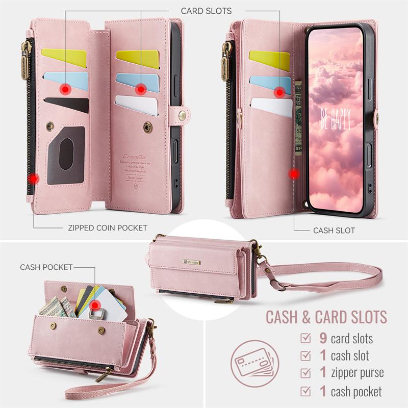 CaseMe Кожаный чехол-книжка для iPhone 17 Pro Max 17E Air 16 Plus 16E 15 14 13 12 11 X XS XR SE 2022 8 с длинным ремешком, кошельком на молнии, обложкой для нескольких карт