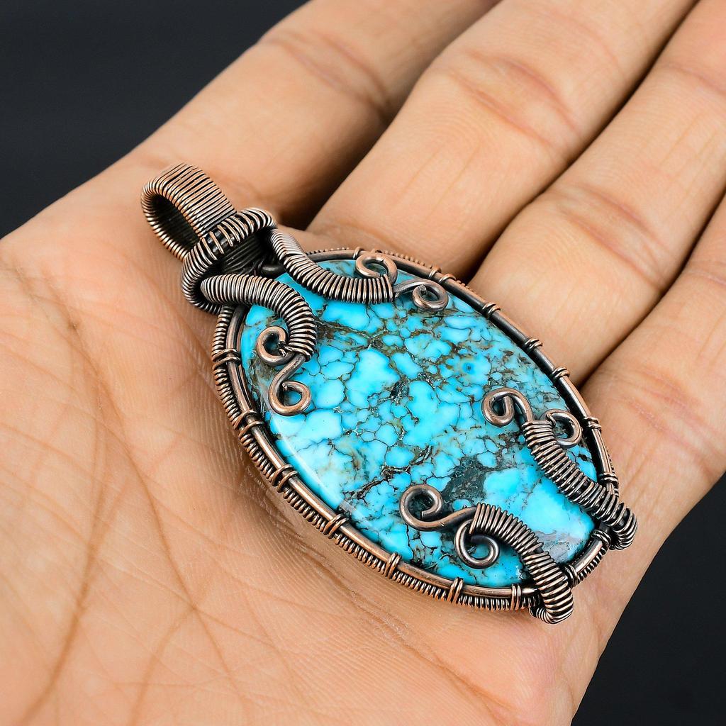Tibetan Turquoise Pendant, 999 Copper Wire Wrapped Gemstone Jewelry, Handmade Pendant, For Thanksgiving