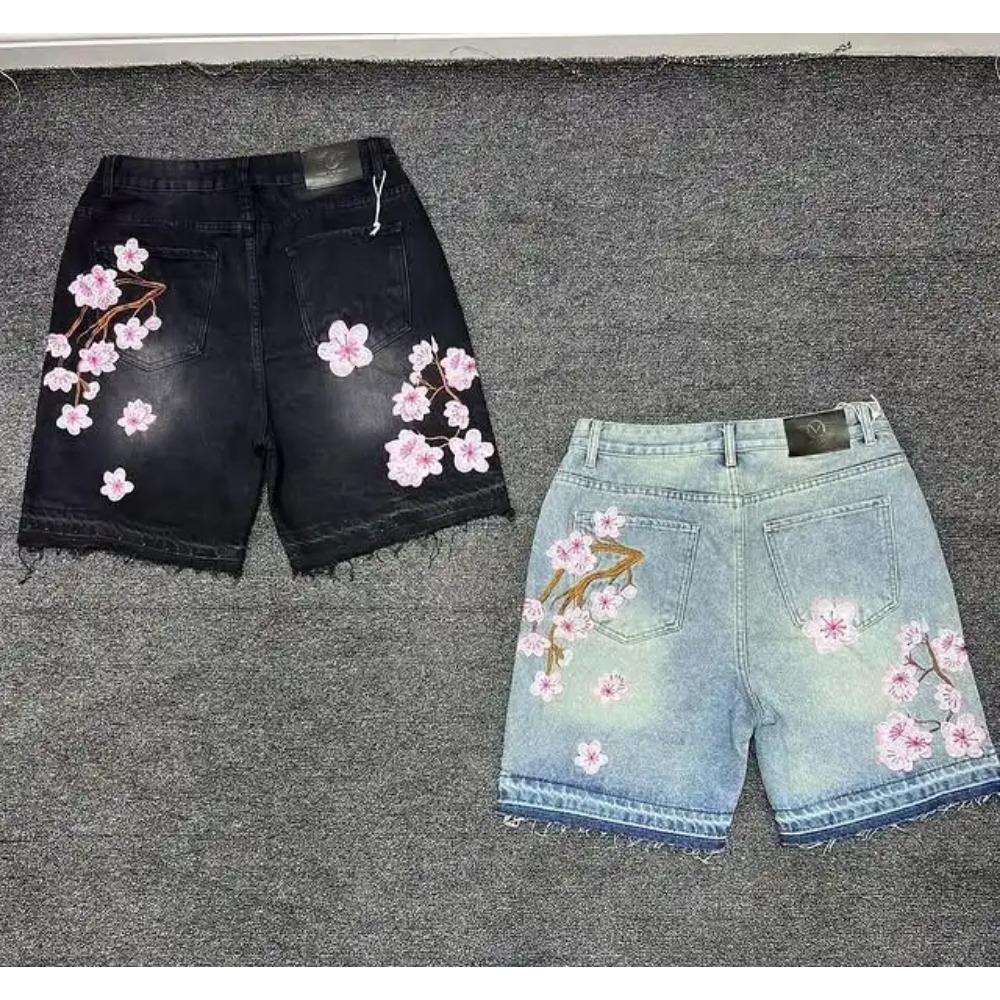 ZYLLO Готические Мужские Женские Джинсовые Шорты с Вышивкой Сакуры Y2K Джинсы Харадзюку Хип-Хоп Ретро Мешковатые Шорты Модные Повседневные Брюки