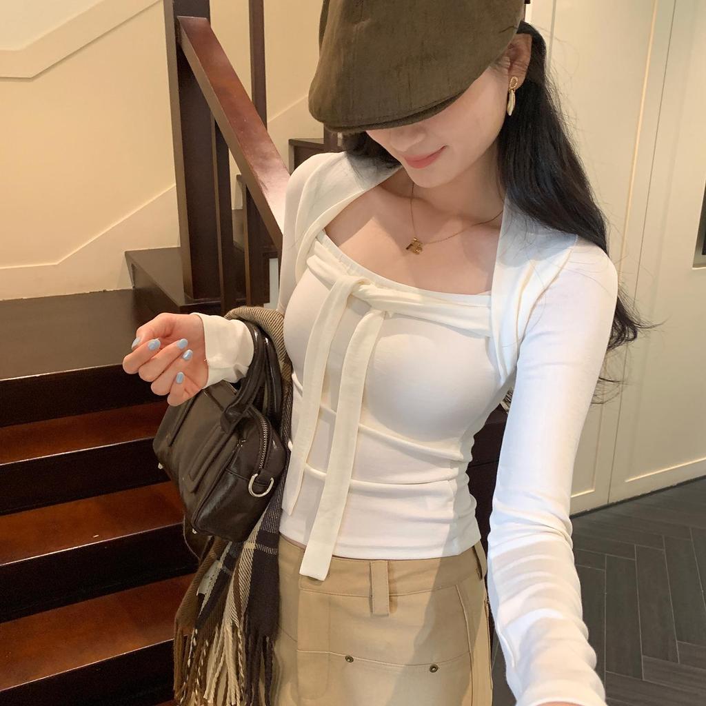 Chic Square Neck Lace-Up Slim Fit Short Top for Women - Autumn/Winter Fashion