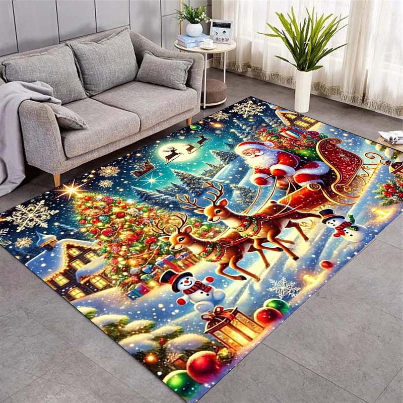 Christmas Santa Claus Gift Boxes Area Rug, Xmas Balls Snowy Pine Tree Non Slip Floor Mat for Living Room Holiday Home Decor