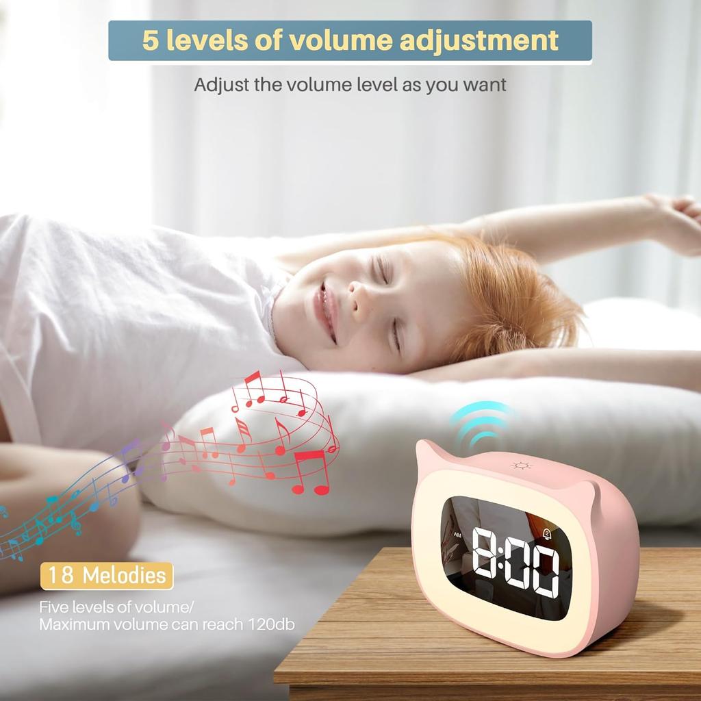 Kids Alarm Clock LED Cartoon Cat Ear Digital Clock Student Bedside with Night Light & 18 Ringtones