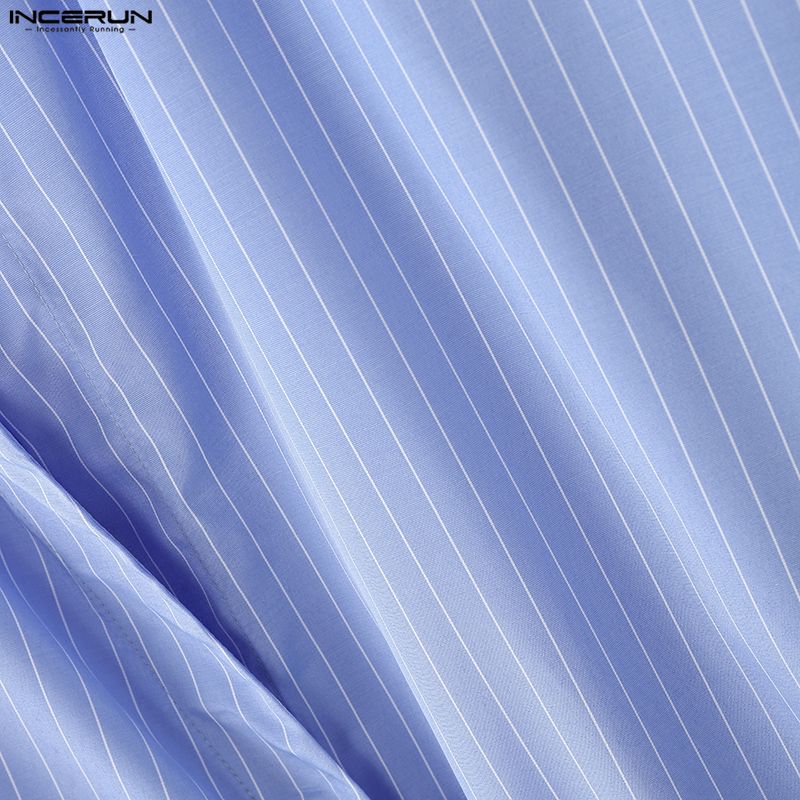 INCERUN Мужские весенние рубашки с отложным воротником, длинным рукавом, боковым перекручиванием, в полоску