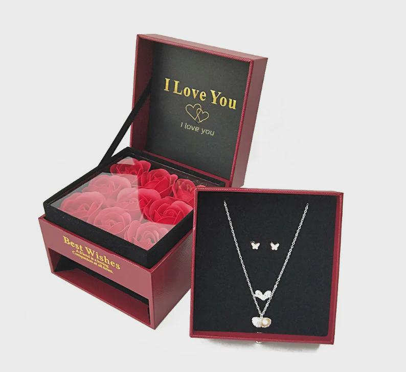 Rose Gift Box: Necklace, Ring, and Everlasting Soap Flower Packaging