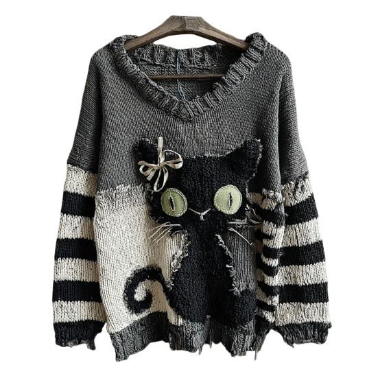 Женский пуловер с V-образным вырезом и графическим принтом, с длинным рукавом, повседневный вязаный свитшот оверсайз, рваный винтажный осенний топ