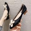 Genuine Leather Square Toe Block Heel Single Shoes Fairy Style Pearl Flower Mid-heel Season Single Shoe Female Tide Shallow Mouth