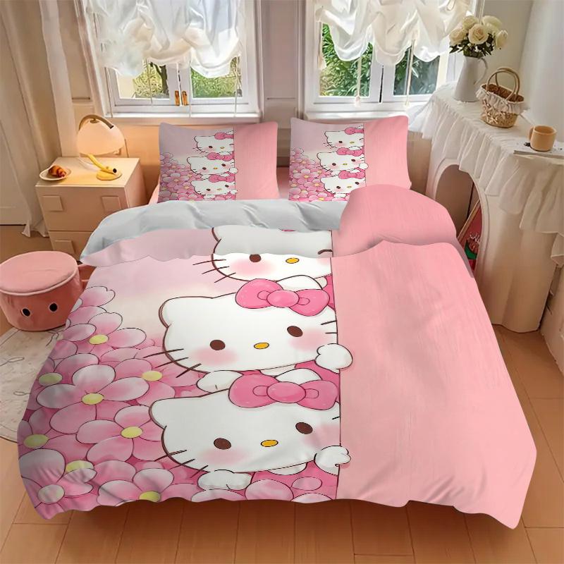 3 шт. Трехцветный розовый комплект постельного белья с принтом Hello Kitty, Мягкое и удобное покрывало-пододеяльник для спальни, гостевой комнаты (Не включено).W104