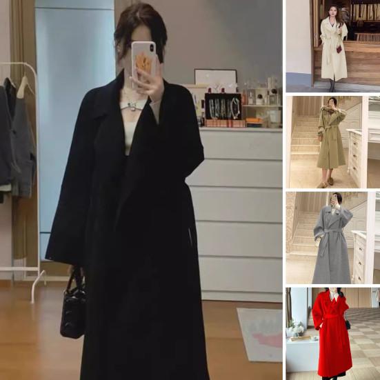 Women Winter Overcoat with Belt Turn-down Collar Pockets Pure Color Cardigan Mid Length Coat Thermal Long Sleeves Commuting Dating Winter Coat