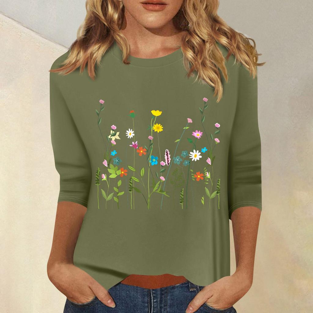 Women's Fashion Casual Printed Seven Sleeve Round Neck Top