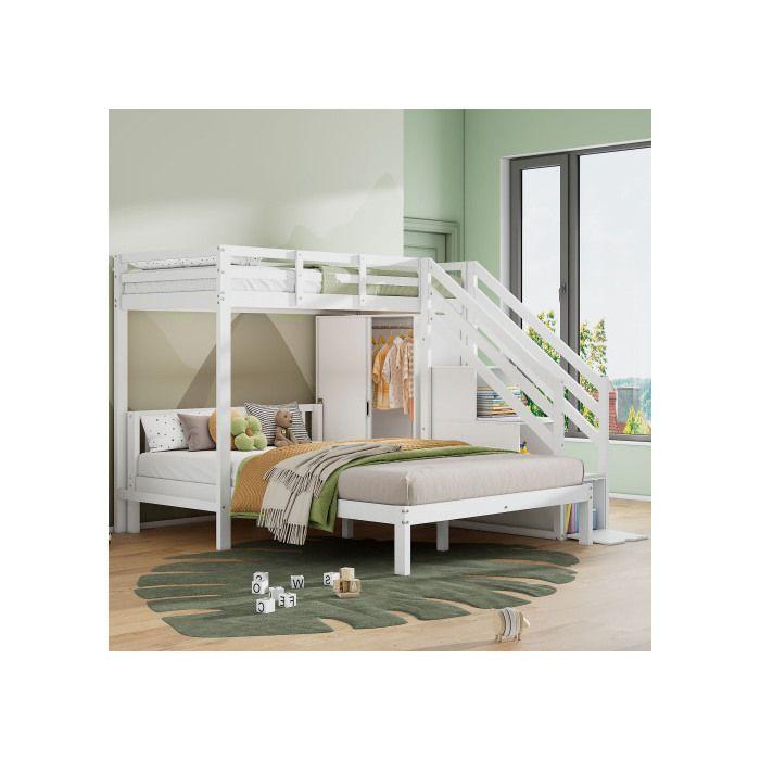 Lit superposé - MUVOE - 90*200 cm + 140*200 cm - Bois massif - Blanc - Avec armoire