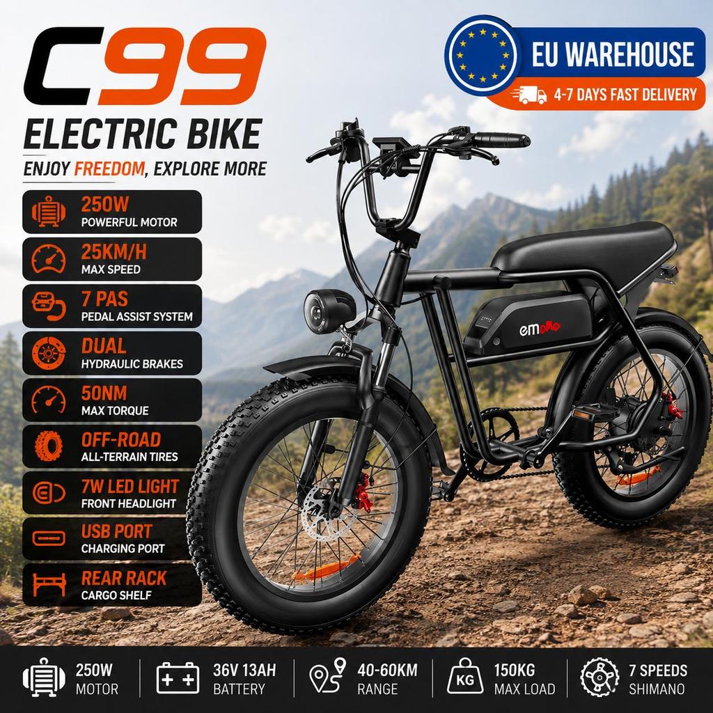 EMOKO C99 Electric Mountain Bike EU Standard 250W 48V20Ah Max 90KM Range 25KM/H Dual Hydraulic Suspension E-Bike for Adult Commute