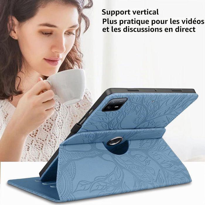 Coque + Verre Trempé pour Xiaomi Pad 6 / Pad 6 Pro, Etui Rotatif Motif Arbre Cuir Synthétique Bleu