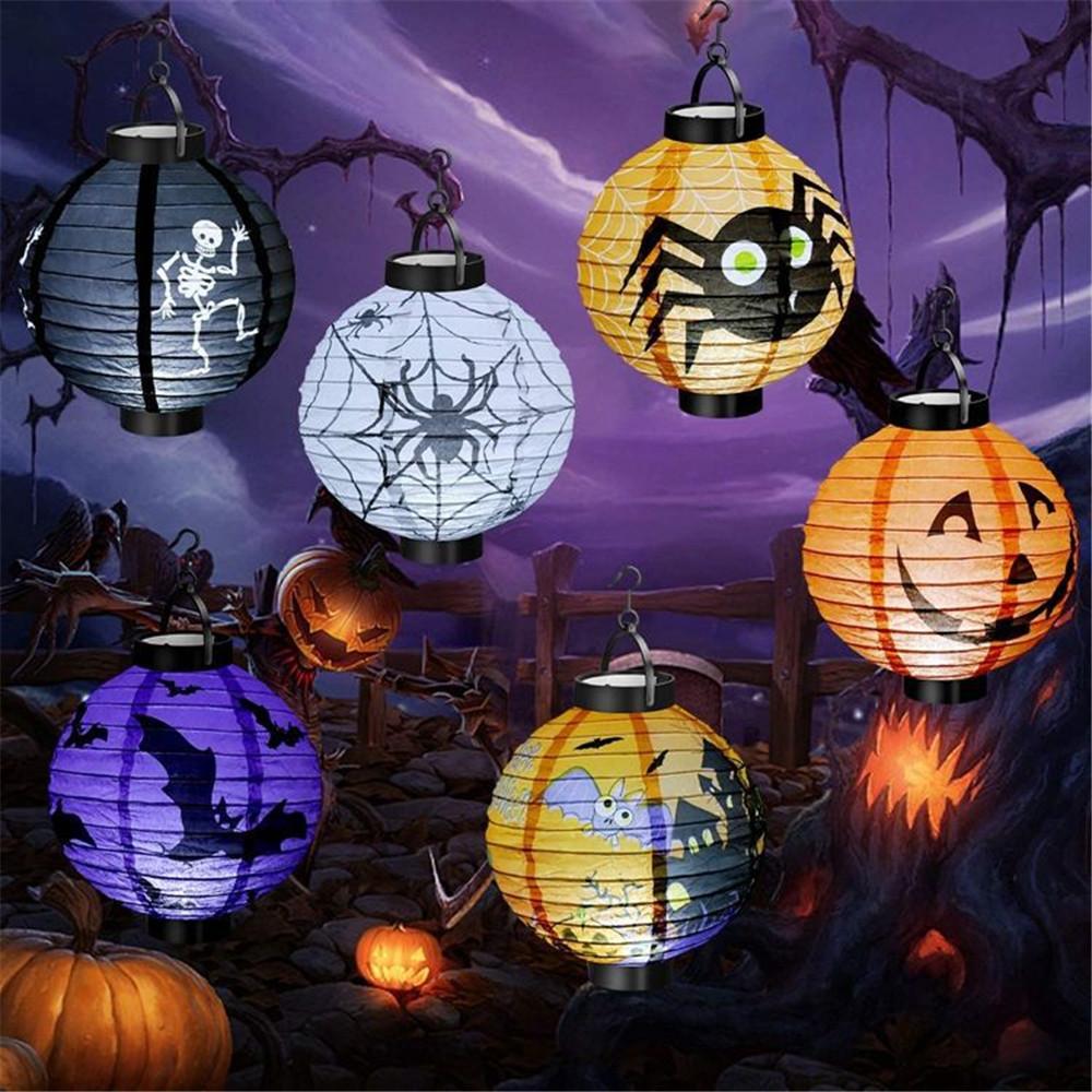 6 Pcs Halloween Decorations Paper Lanterns With LED Light Bats Spiders Skeleton Castle