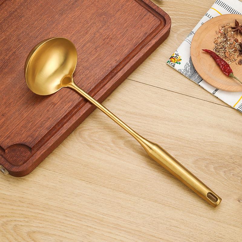 1Pc Golden Stainless Steel Long Handle Cooking Utensils Rice Spoon Soup Ladle Pancake Spatula Colander Gadgets for Kitchen