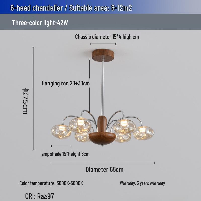 American Retro Walnut and Glass Chandelier for Living Room