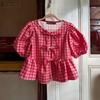 Женские летние блузки с круглым вырезом и коротким рукавом в клетку