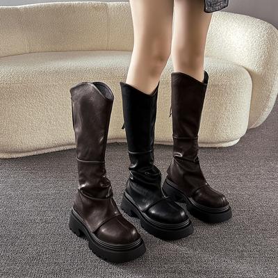 Новые женские ботфорты до колена с ремешком с пряжкой, круглым носком, толстой подошвой на платформе и массивным каблуком, однотонные, слипоны, в западном стиле, сексуальная обувь