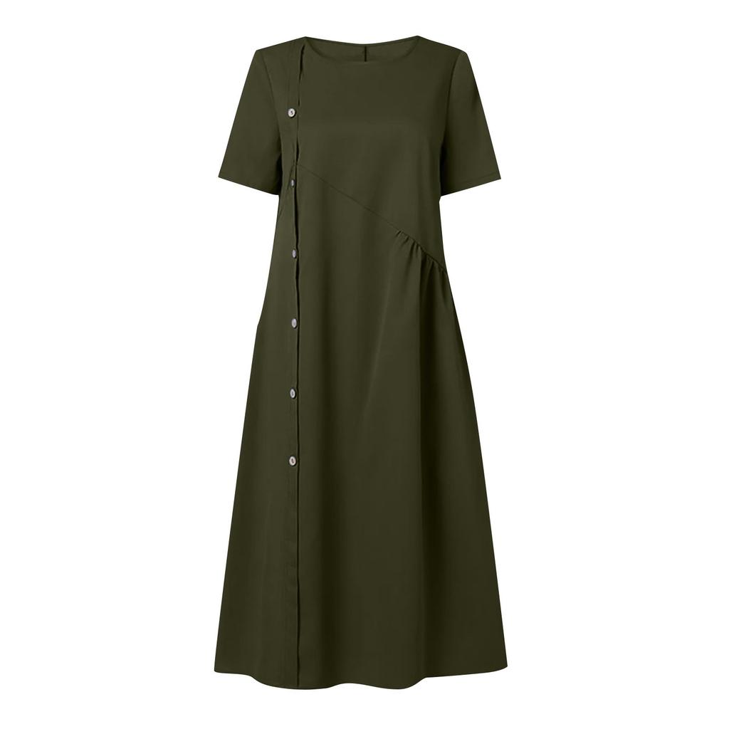 Women's Solid Round Neck Short Sleeve Button Decorative Waist Pocket Dress Pocket Dress