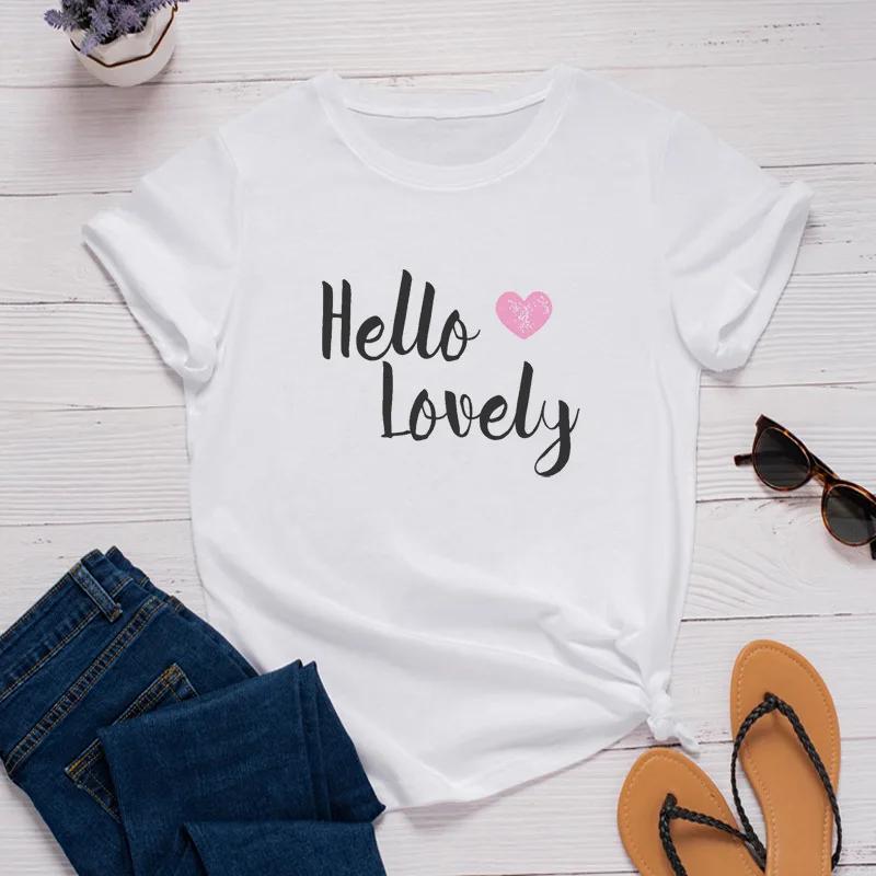 Hello Lovely Heart Print Женская футболка с коротким рукавом и круглым вырезом Свободная женская футболка Женская футболка Топы Одежда Camisetas Mujer