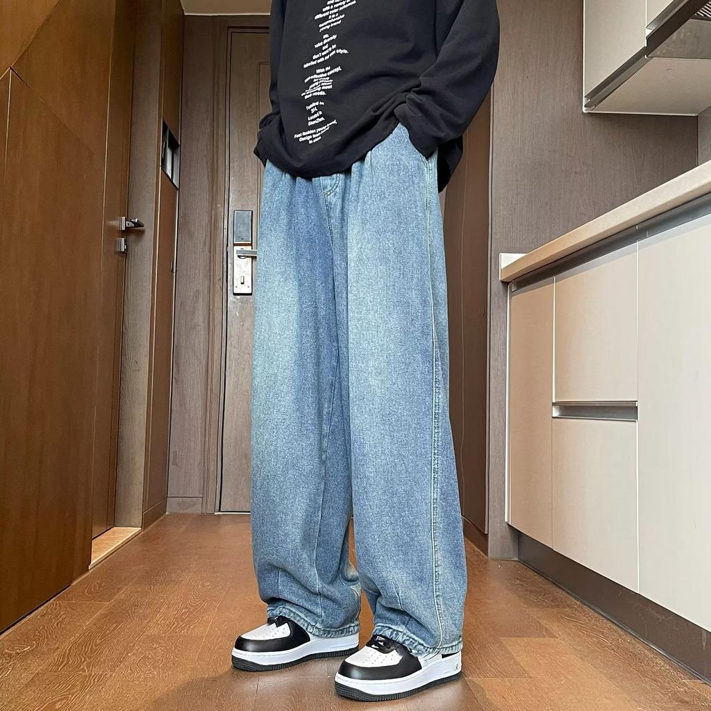Spring and Fall Jeans Men's Hong Kong Style Trend Loose Straight  Fashion Simple Wide-legged Pants Plus Size