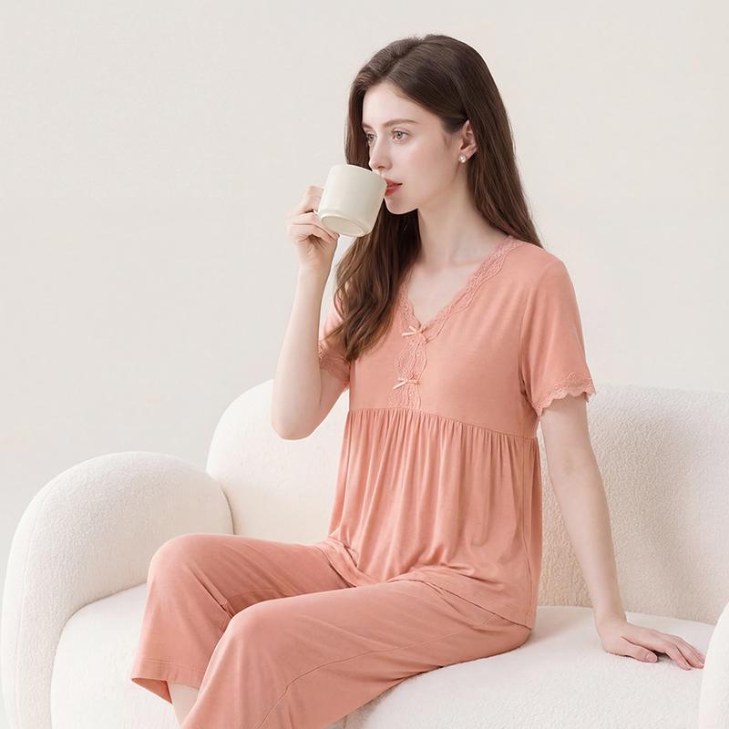 Fenteng [Comes with Chest Mat 7A Antibacterial] Anti mite Lace V-neck Light Mature Style Short Sleeve Home Clothes Set for Women's Pajamas