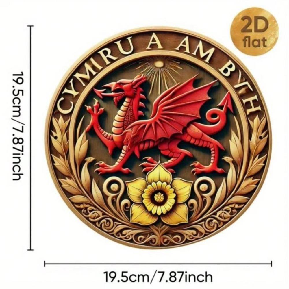 Vintage Aluminum Welsh Dragon Wall Decor Traditional Metal Art Round Sign
