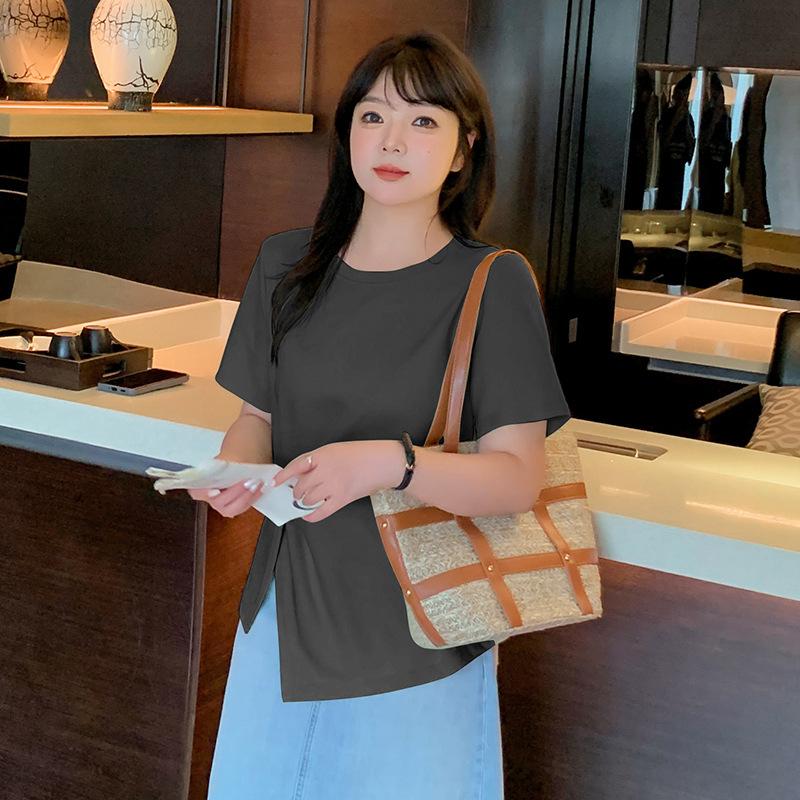 Large size women's clothing irregular pinch pleated short T-shirt summer new meat cover design top 250423