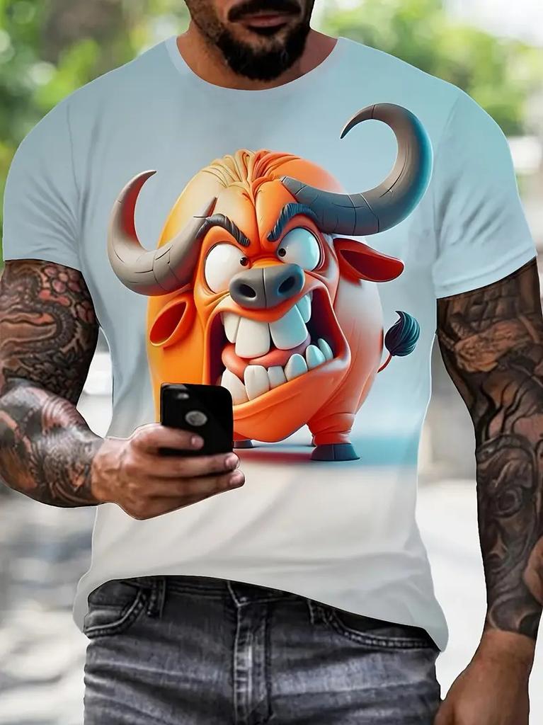 Fun Bull Pattern 3D Printed T-shirt Summer Men's Casual Fashion Round Neck Fashion Trendy Harajuku Personalized Short Sleeve Street Wear