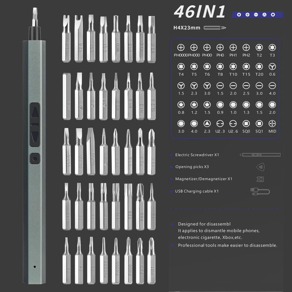 46-in-1 Electric Screwdriver Set,Cordless Rechargeable with 40 Precision Bits,3 LED Lights,Lightweight Portable for Home Repair