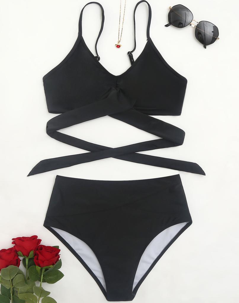 Sexy Women's Swimsuit Black Back Tie High Waist Bikini Set Beachwear Bathing Suits