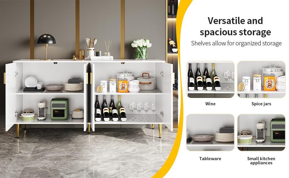 White Sideboard (152 x 40 x 75 cm) with Unique Wave Design and Golden Handles and Feet for an Elegant Dining Area
