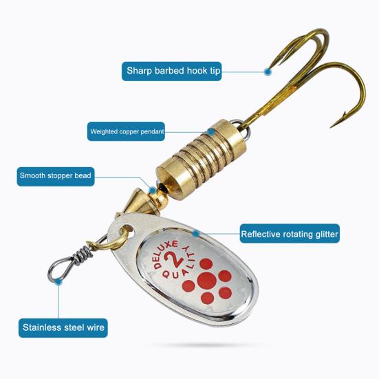 10Pcs 6.3CM/7G Spinner Blade Lure with Hook Hard Metal Spinnerbait Rotating Sequin Lure Rig Saltwater Freshwater Walleye Bass Fishing Accessories