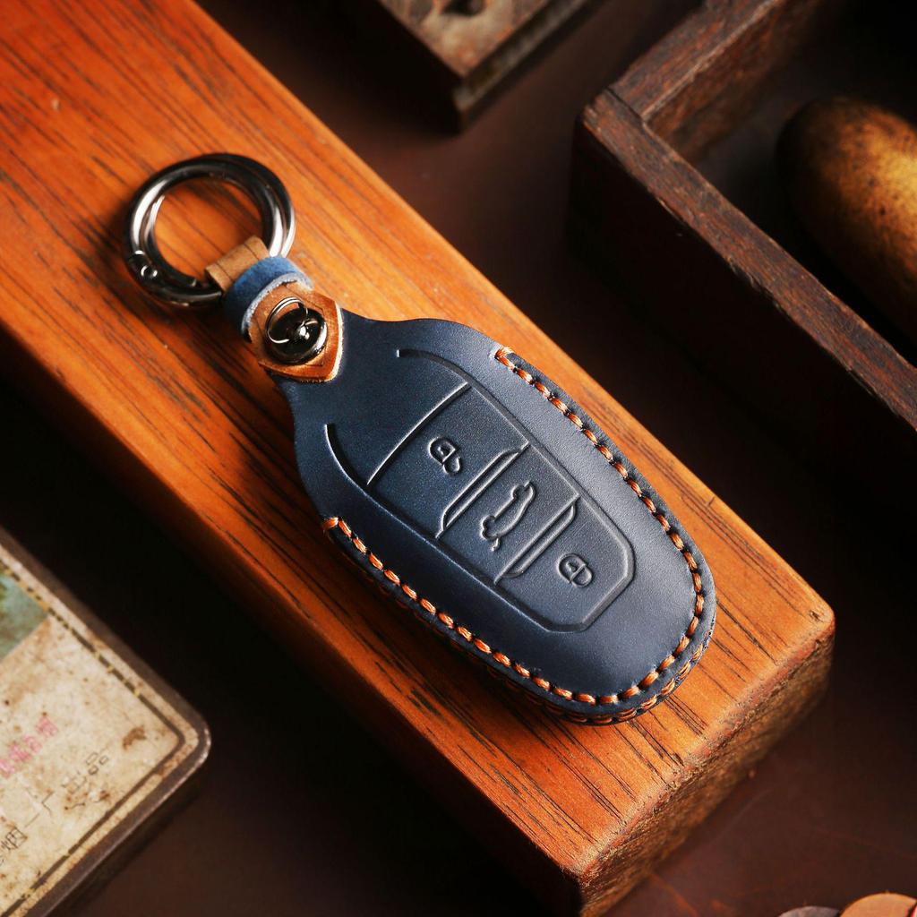 Genuine Leather Hand-Sewn Key Cover for Dongfeng Peugeot & Citroen DS