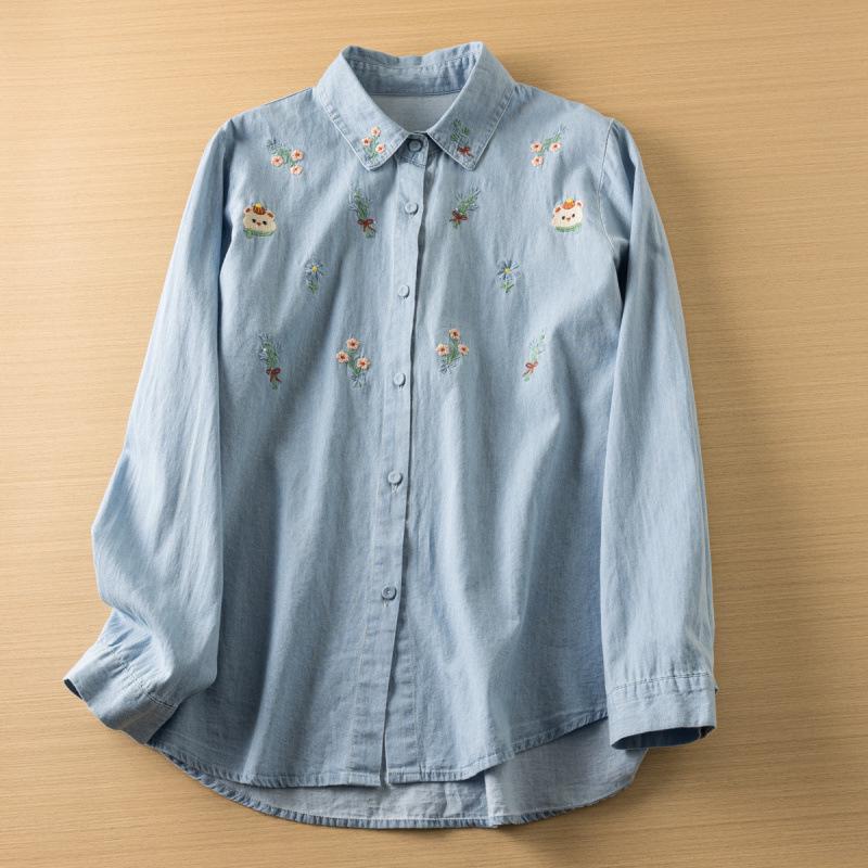 Женская ретро джинсовая рубашка с вышивкой в стиле мультфильмов - Хлопок, с длинным рукавом, повседневный топ на весну/осень 2025